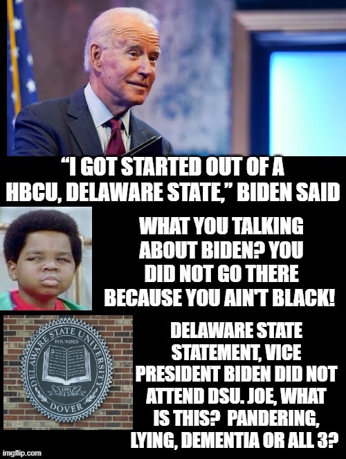 What You Talking About Biden?  You Did Not Go There Because You Ain't Black! | DELAWARE STATE STATEMENT, VICE PRESIDENT BIDEN DID NOT ATTEND DSU. JOE, WHAT IS THIS?  PANDERING, LYING, DEMENTIA OR ALL 3? | image tagged in stupid liberals,biden | made w/ Imgflip meme maker