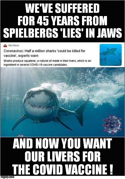 Sharks Troubles And Woes | WE'VE SUFFERED FOR 45 YEARS FROM SPIELBERGS 'LIES' IN JAWS; AND NOW YOU WANT OUR LIVERS FOR THE COVID VACCINE ! | image tagged in sharks,jaws,covid | made w/ Imgflip meme maker