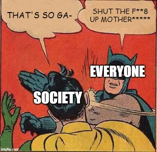 Batman Slapping Robin Meme | THAT'S SO GA- SHUT THE F**8 UP MOTHER***** SOCIETY EVERYONE | image tagged in memes,batman slapping robin | made w/ Imgflip meme maker