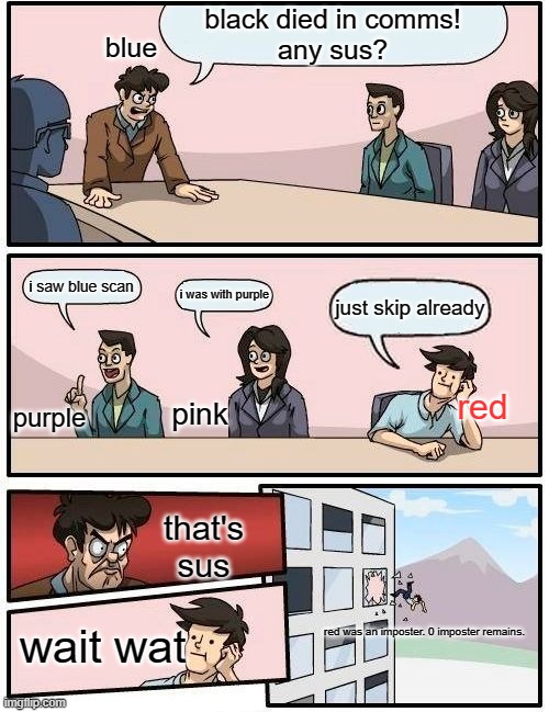 Skipping 5 second into discussion=sus | black died in comms!
any sus? blue; i saw blue scan; i was with purple; just skip already; red; pink; purple; that's sus; wait wat; red was an imposter. 0 imposter remains. | image tagged in memes,boardroom meeting suggestion,among us | made w/ Imgflip meme maker