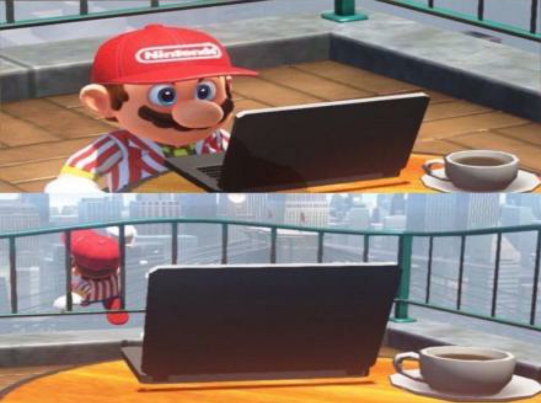 High Quality Mario watching the Laptop then yeeting himself Blank Meme Template