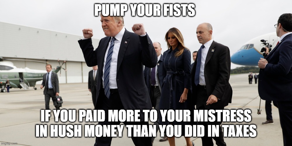 trump fist pumps | PUMP YOUR FISTS; IF YOU PAID MORE TO YOUR MISTRESS IN HUSH MONEY THAN YOU DID IN TAXES | image tagged in trump fist pumps | made w/ Imgflip meme maker