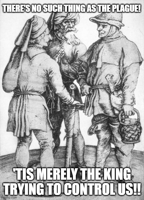 Conspiritards are nothing new | THERE'S NO SUCH THING AS THE PLAGUE! 'TIS MERELY THE KING TRYING TO CONTROL US!! | image tagged in covid-19,coronavirus | made w/ Imgflip meme maker