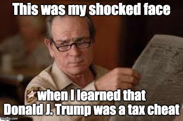 no country for old men tommy lee jones |  This was my shocked face; when I learned that Donald J. Trump was a tax cheat | image tagged in no country for old men tommy lee jones | made w/ Imgflip meme maker