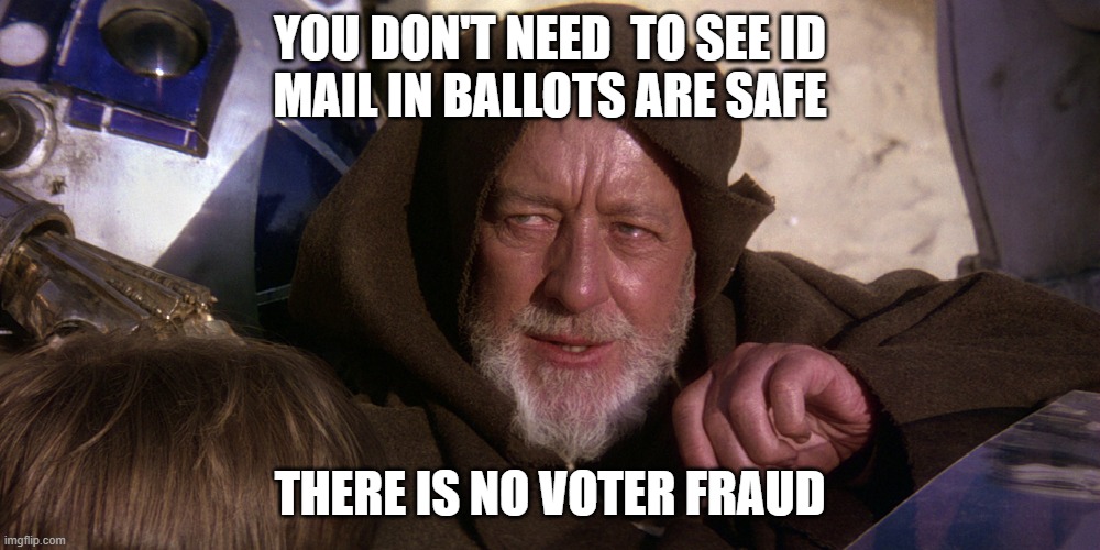 Obi no voter fraud | YOU DON'T NEED  TO SEE ID

MAIL IN BALLOTS ARE SAFE; THERE IS NO VOTER FRAUD | image tagged in voter fraud | made w/ Imgflip meme maker
