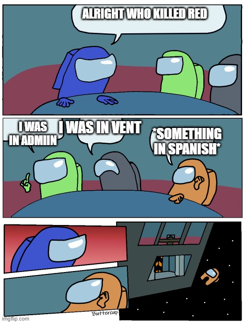 Among Us Meeting | ALRIGHT WHO KILLED RED; I WAS IN VENT; I WAS IN ADMIIN; *SOMETHING IN SPANISH* | image tagged in among us meeting | made w/ Imgflip meme maker