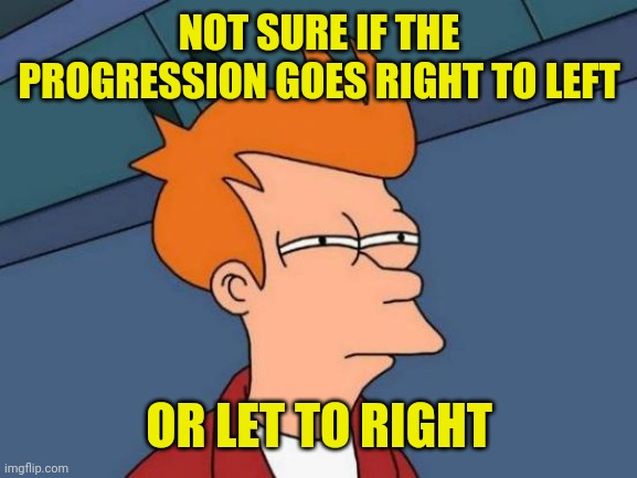 Futurama Fry Meme | NOT SURE IF THE PROGRESSION GOES RIGHT TO LEFT OR LET TO RIGHT | image tagged in memes,futurama fry | made w/ Imgflip meme maker