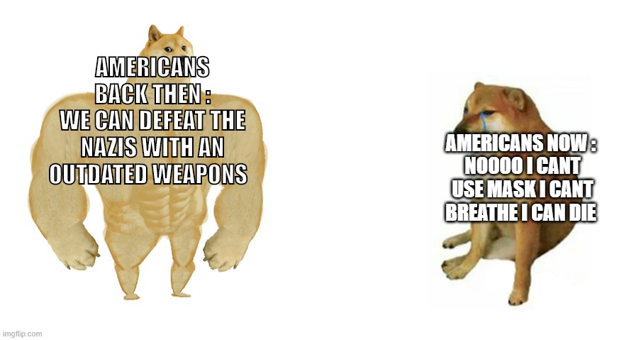 Buff Doge vs Crying Cheems | AMERICANS BACK THEN :
WE CAN DEFEAT THE NAZIS WITH AN OUTDATED WEAPONS; AMERICANS NOW : 
NOOOO I CANT USE MASK I CANT BREATHE I CAN DIE | image tagged in buff doge vs crying cheems | made w/ Imgflip meme maker