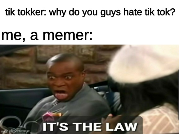 lol | tik tokker: why do you guys hate tik tok? me, a memer: | image tagged in it's the law,tik tok | made w/ Imgflip meme maker