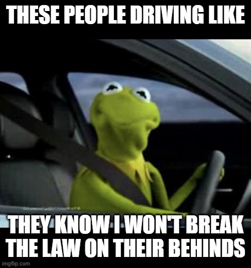 Kermit Driving | THESE PEOPLE DRIVING LIKE; THEY KNOW I WON'T BREAK THE LAW ON THEIR BEHINDS | image tagged in kermit driving | made w/ Imgflip meme maker