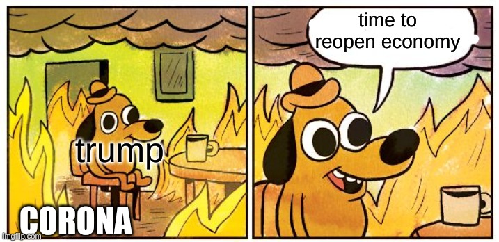 This Is Fine | time to reopen economy; trump; CORONA | image tagged in memes,this is fine | made w/ Imgflip meme maker