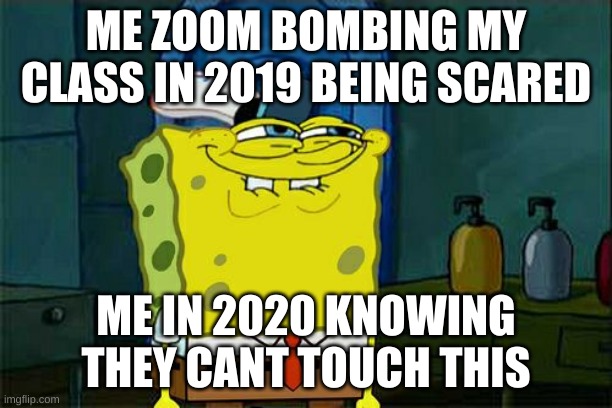 Don't You Squidward | ME ZOOM BOMBING MY CLASS IN 2019 BEING SCARED; ME IN 2020 KNOWING THEY CANT TOUCH THIS | image tagged in memes,don't you squidward | made w/ Imgflip meme maker