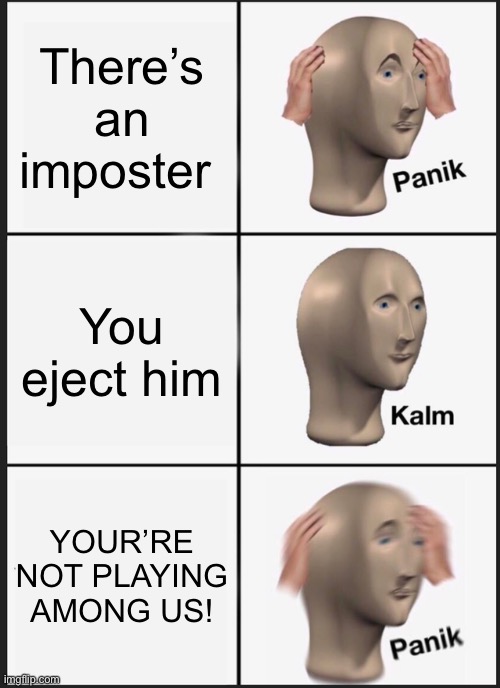 Oops | There’s an imposter; You eject him; YOUR’RE NOT PLAYING AMONG US! | image tagged in memes,panik kalm panik | made w/ Imgflip meme maker