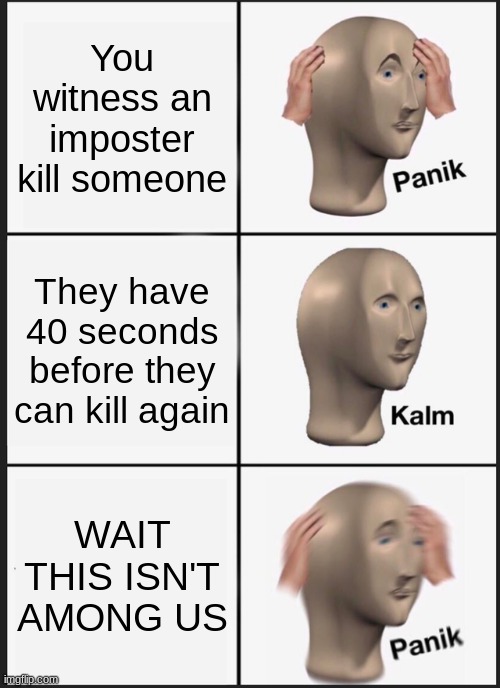 Someone witnessed me murder someone | You witness an imposter kill someone; They have 40 seconds before they can kill again; WAIT THIS ISN'T AMONG US | image tagged in memes,panik kalm panik | made w/ Imgflip meme maker