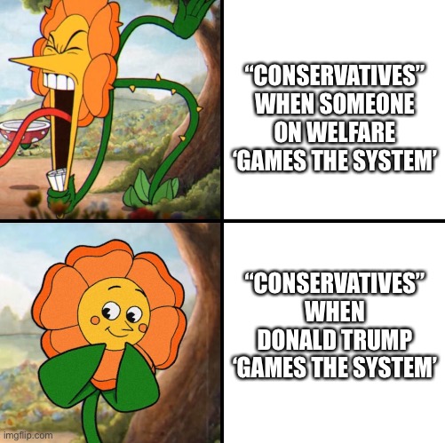 More cult-like behavior...denial of reality | “CONSERVATIVES” WHEN SOMEONE ON WELFARE ‘GAMES THE SYSTEM’; “CONSERVATIVES” WHEN DONALD TRUMP ‘GAMES THE SYSTEM’ | image tagged in angry flower,donald trump is an idiot,election 2020 | made w/ Imgflip meme maker