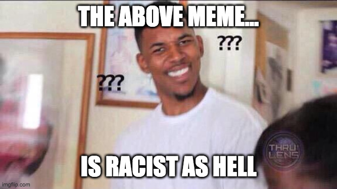 Black guy confused | THE ABOVE MEME... IS RACIST AS HELL | image tagged in black guy confused | made w/ Imgflip meme maker