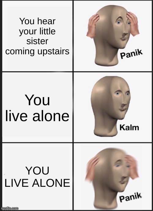 Panik | You hear your little sister coming upstairs; You live alone; YOU LIVE ALONE | image tagged in memes,panik kalm panik | made w/ Imgflip meme maker