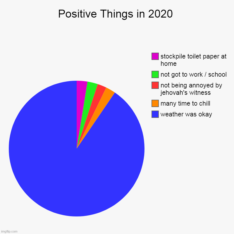 Positive Things in 2020 | Positive Things in 2020 | weather was okay, many time to chill, not being annoyed by jehovah's witness, not got to work / school, stockpile  | image tagged in charts,pie charts | made w/ Imgflip chart maker
