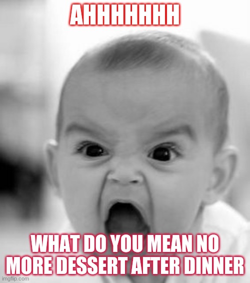 can u relate | AHHHHHHH; WHAT DO YOU MEAN NO MORE DESSERT AFTER DINNER | image tagged in memes,angry baby | made w/ Imgflip meme maker