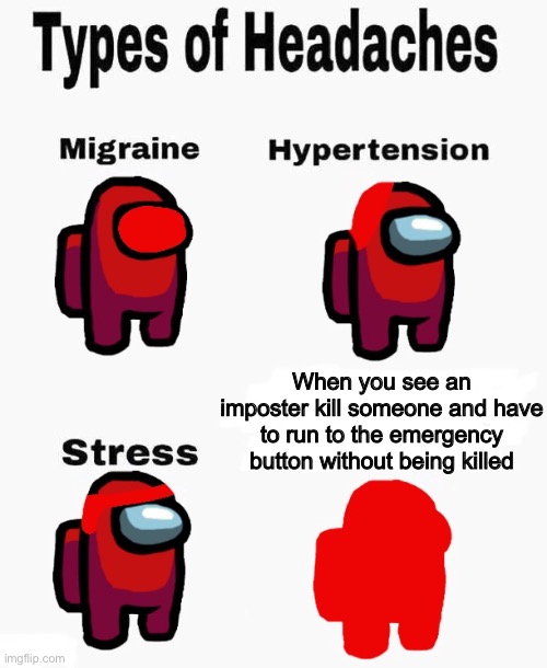 Among us types of headaches | When you see an imposter kill someone and have to run to the emergency button without being killed | image tagged in among us types of headaches | made w/ Imgflip meme maker