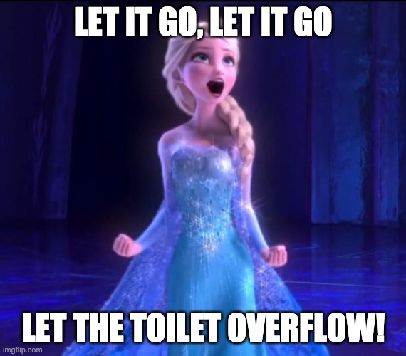 Elsa sings "Let the toilet overflow" | LET IT GO, LET IT GO; LET THE TOILET OVERFLOW! | image tagged in let it go | made w/ Imgflip meme maker