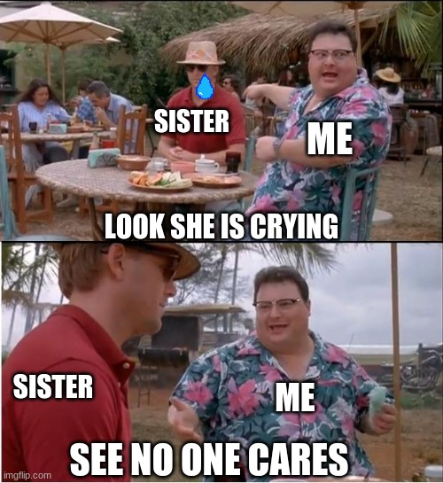 She does this look ima feel bad | SISTER; ME; LOOK SHE IS CRYING; SISTER; ME; SEE NO ONE CARES | image tagged in memes,see nobody cares | made w/ Imgflip meme maker