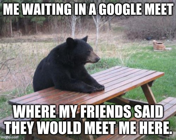 it triggers me | ME WAITING IN A GOOGLE MEET; WHERE MY FRIENDS SAID THEY WOULD MEET ME HERE. | image tagged in memes,bad luck bear | made w/ Imgflip meme maker