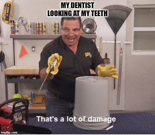 thats a lot of damage | MY DENTIST LOOKING AT MY TEETH | image tagged in thats a lot of damage | made w/ Imgflip meme maker