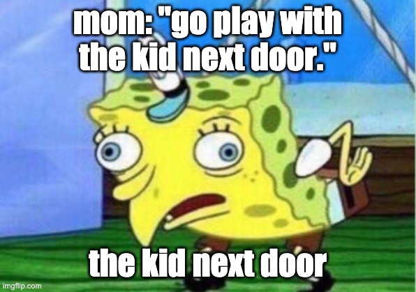 funny spongebob meme | mom: "go play with the kid next door."; the kid next door | image tagged in memes,mocking spongebob | made w/ Imgflip meme maker