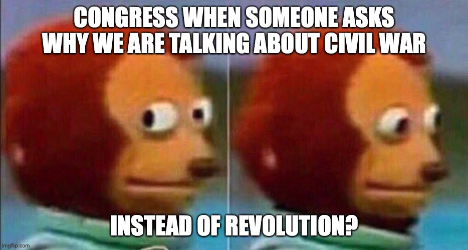 revolution | CONGRESS WHEN SOMEONE ASKS WHY WE ARE TALKING ABOUT CIVIL WAR; INSTEAD OF REVOLUTION? | image tagged in monkey looking away | made w/ Imgflip meme maker