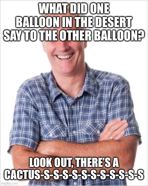 Dad joke | WHAT DID ONE BALLOON IN THE DESERT SAY TO THE OTHER BALLOON? LOOK OUT, THERE’S A CACTUS-S-S-S-S-S-S-S-S-S-S-S | image tagged in dad joke | made w/ Imgflip meme maker