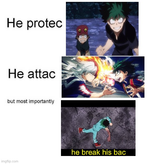 we know deku for this LOL | he break his bac | image tagged in he protec he attac but most importantly,mha,deku,useles tags | made w/ Imgflip meme maker