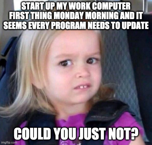 You get and update, you get an update - everyone gets an update! | START UP MY WORK COMPUTER FIRST THING MONDAY MORNING AND IT SEEMS EVERY PROGRAM NEEDS TO UPDATE; COULD YOU JUST NOT? | image tagged in could you not,i hate mondays | made w/ Imgflip meme maker