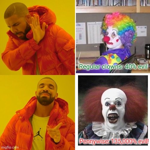 Killer clowns! | Regular clowns: 40% evil; Pennywise: 135,000% evil! | image tagged in memes,drake hotline bling,killer clowns,evil clown,pennywise | made w/ Imgflip meme maker