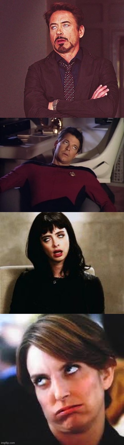 image tagged in riker eyeroll,eyeroll,robert downey jr annoyed | made w/ Imgflip meme maker