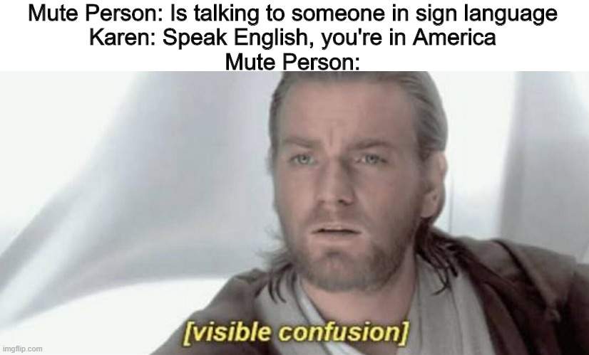 Visible Confusion | Mute Person: Is talking to someone in sign language
Karen: Speak English, you're in America
Mute Person: | image tagged in visible confusion | made w/ Imgflip meme maker