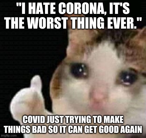 sad thumbs up cat | "I HATE CORONA, IT'S THE WORST THING EVER."; COVID JUST TRYING TO MAKE THINGS BAD SO IT CAN GET GOOD AGAIN | image tagged in sad thumbs up cat | made w/ Imgflip meme maker