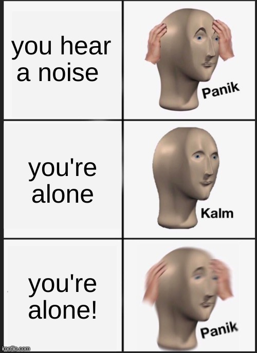 you're alone | you hear a noise; you're alone; you're alone! | image tagged in memes,panik kalm panik | made w/ Imgflip meme maker