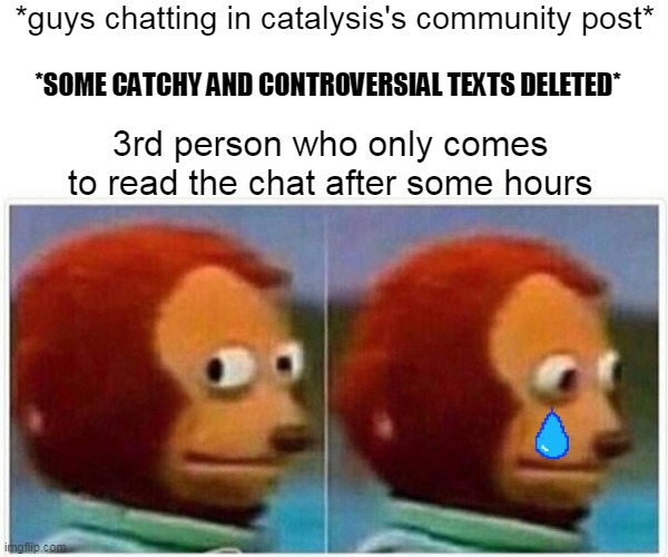 Monkey Puppet Meme | *guys chatting in catalysis's community post*; *SOME CATCHY AND CONTROVERSIAL TEXTS DELETED*; 3rd person who only comes to read the chat after some hours | image tagged in memes,monkey puppet | made w/ Imgflip meme maker