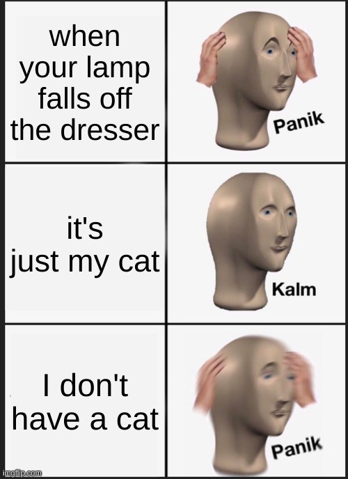 uh oh | when your lamp falls off the dresser; it's just my cat; I don't have a cat | image tagged in memes,panik kalm panik,cats | made w/ Imgflip meme maker