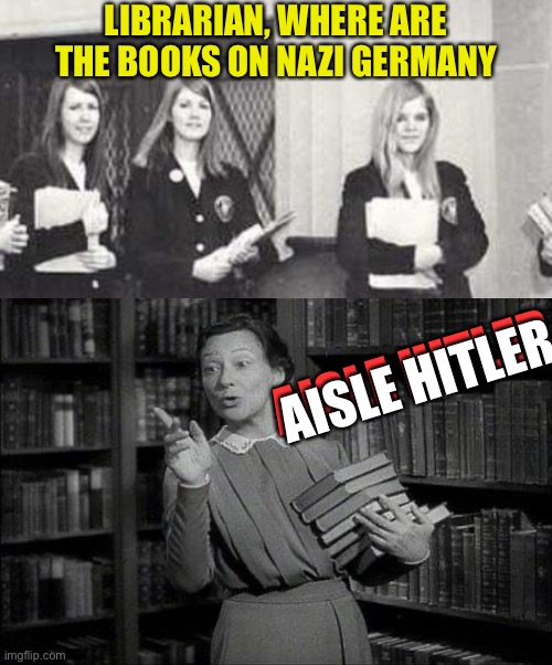 Burn ;-) | LIBRARIAN, WHERE ARE THE BOOKS ON NAZI GERMANY; AISLE HITLER; AISLE HITLER | image tagged in librarian,school,nazis,hitler,joke,play on words | made w/ Imgflip meme maker