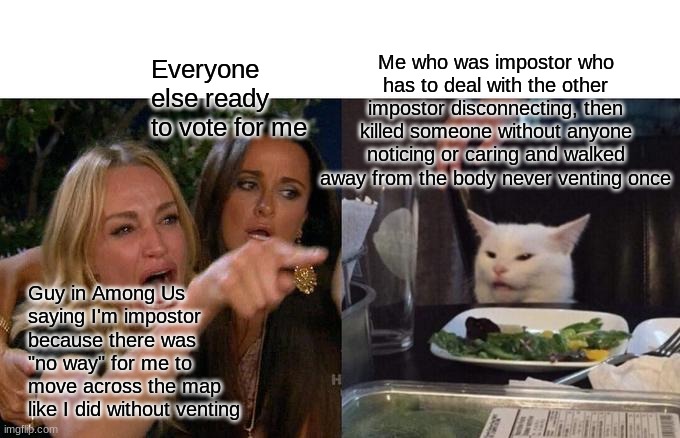 This Happened IRL And I'm Still Kind of Salty | Me who was impostor who has to deal with the other impostor disconnecting, then killed someone without anyone noticing or caring and walked away from the body never venting once; Everyone else ready to vote for me; Guy in Among Us saying I'm impostor because there was "no way" for me to move across the map like I did without venting | image tagged in memes,woman yelling at cat,among us | made w/ Imgflip meme maker