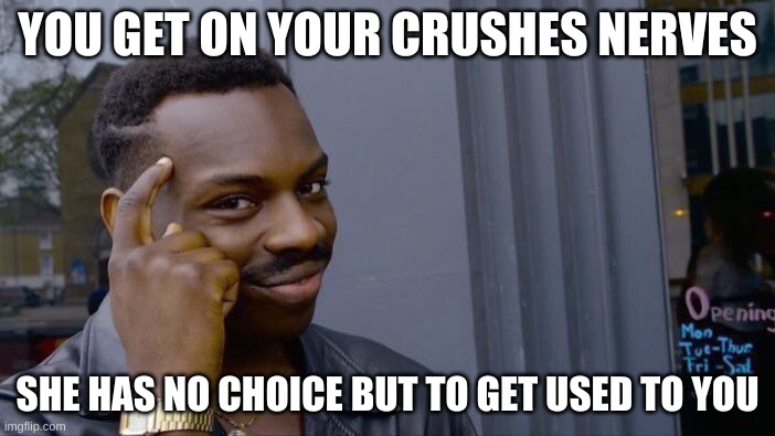 Roll Safe Think About It | YOU GET ON YOUR CRUSHES NERVES; SHE HAS NO CHOICE BUT TO GET USED TO YOU | image tagged in memes,roll safe think about it | made w/ Imgflip meme maker