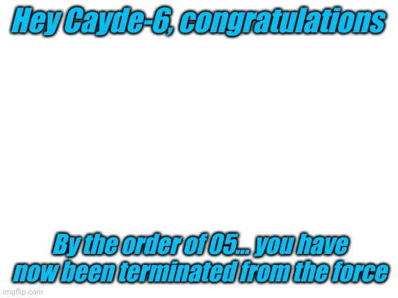 Blank White Template | Hey Cayde-6, congratulations; By the order of 05... you have now been terminated from the force | image tagged in blank white template | made w/ Imgflip meme maker