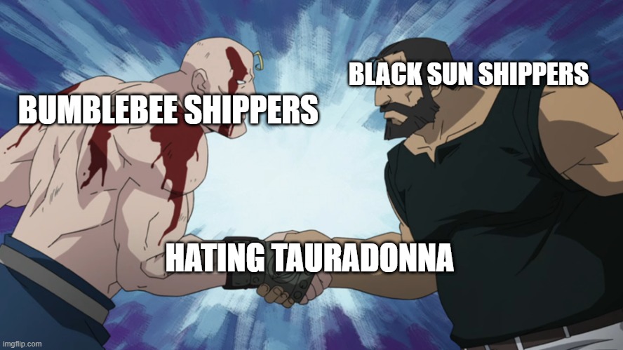 RWBY Ships we can agree on | BUMBLEBEE SHIPPERS; BLACK SUN SHIPPERS; HATING TAURADONNA | image tagged in fullmetal handshake,rwby | made w/ Imgflip meme maker