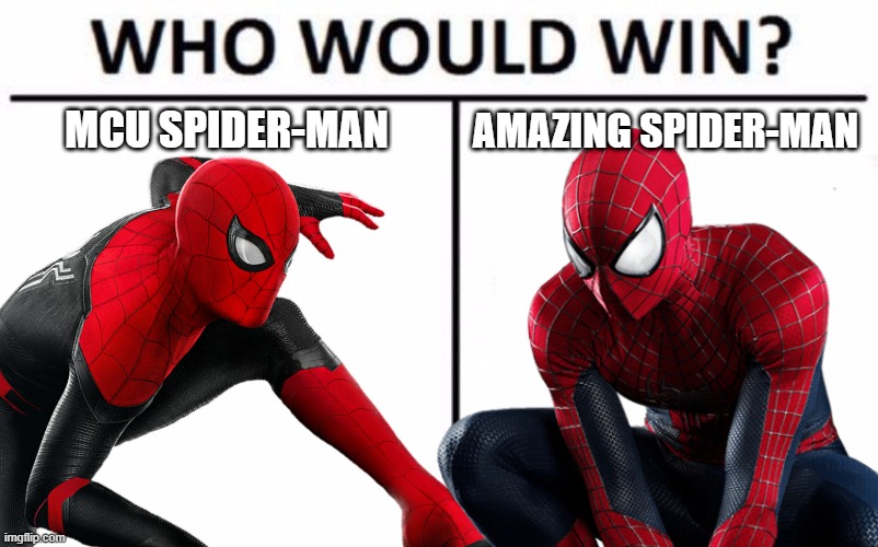 here's a debate for ya | MCU SPIDER-MAN; AMAZING SPIDER-MAN | image tagged in who would win,spider-man,marvel,marvel cinematic universe | made w/ Imgflip meme maker