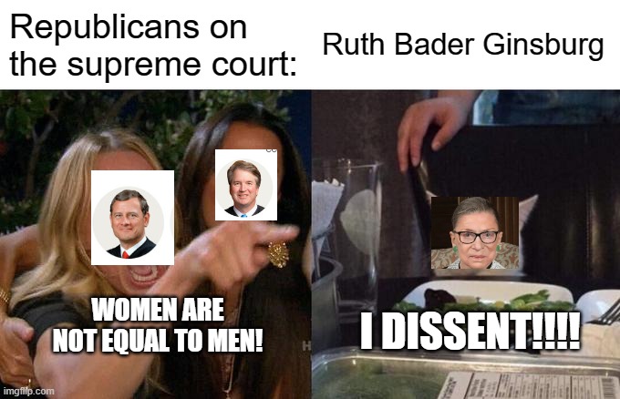 Woman Yelling At Cat | Republicans on the supreme court:; Ruth Bader Ginsburg; I DISSENT!!!! WOMEN ARE NOT EQUAL TO MEN! | image tagged in memes,woman yelling at cat | made w/ Imgflip meme maker