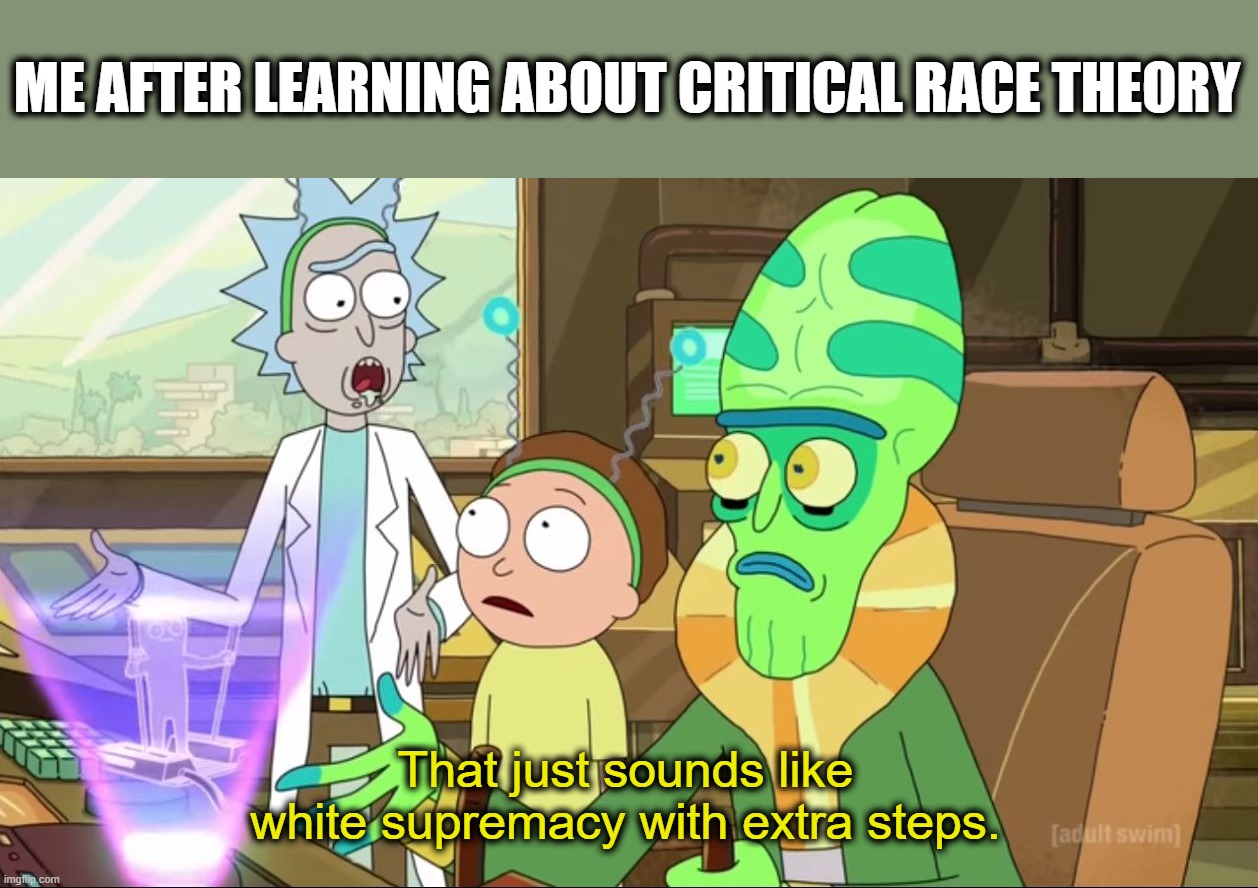 rick and morty-extra steps | ME AFTER LEARNING ABOUT CRITICAL RACE THEORY; That just sounds like white supremacy with extra steps. | image tagged in rick and morty-extra steps | made w/ Imgflip meme maker