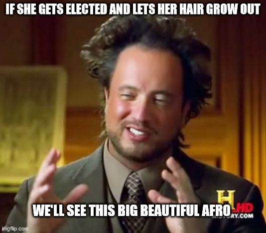 Ancient Aliens | IF SHE GETS ELECTED AND LETS HER HAIR GROW OUT; WE'LL SEE THIS BIG BEAUTIFUL AFRO | image tagged in memes,ancient aliens | made w/ Imgflip meme maker