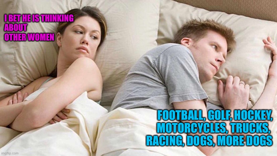 I Bet He's Thinking About Other Women | I BET HE IS THINKING 
ABOUT OTHER WOMEN; FOOTBALL, GOLF, HOCKEY,
MOTORCYCLES, TRUCKS, 
RACING, DOGS, MORE DOGS | image tagged in i bet he's thinking about other women | made w/ Imgflip meme maker